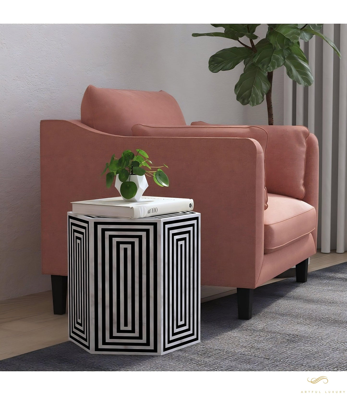 Striped Hexagonal Bone Inlay Black Side table | Luxury Handmade Side Table