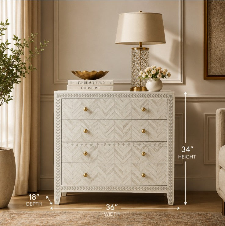 White Bone Inlay Dresser – Handmade 4 Drawer Chest of Drawers | Herringbone Pattern Storage Cabinet | Luxury Bedroom Furniture | Modern Accent Cabinet