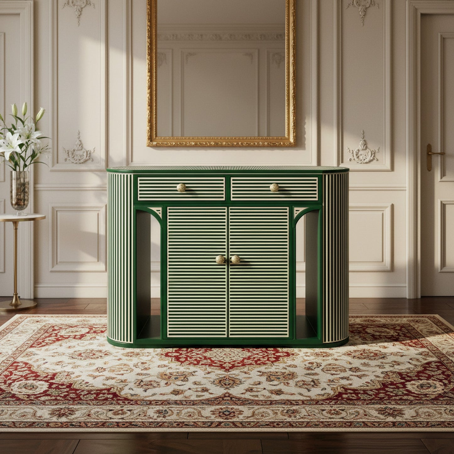 Green Lines Patterned Console with Storage | Luxury Handmade Console