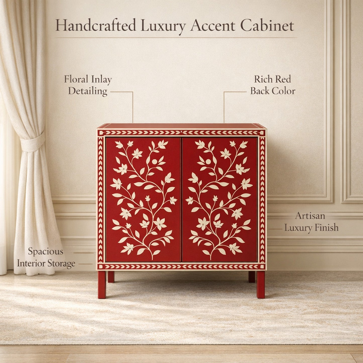 Red and White Floral Pattern Cabinet | Luxury Handmade Cabinet