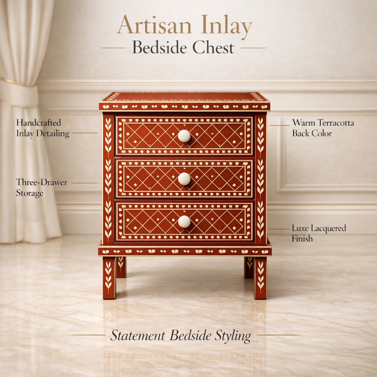 Elegant Orange Floral and Diamond Patterned Side Table with Drawer | Luxury Handmade Bedside Table