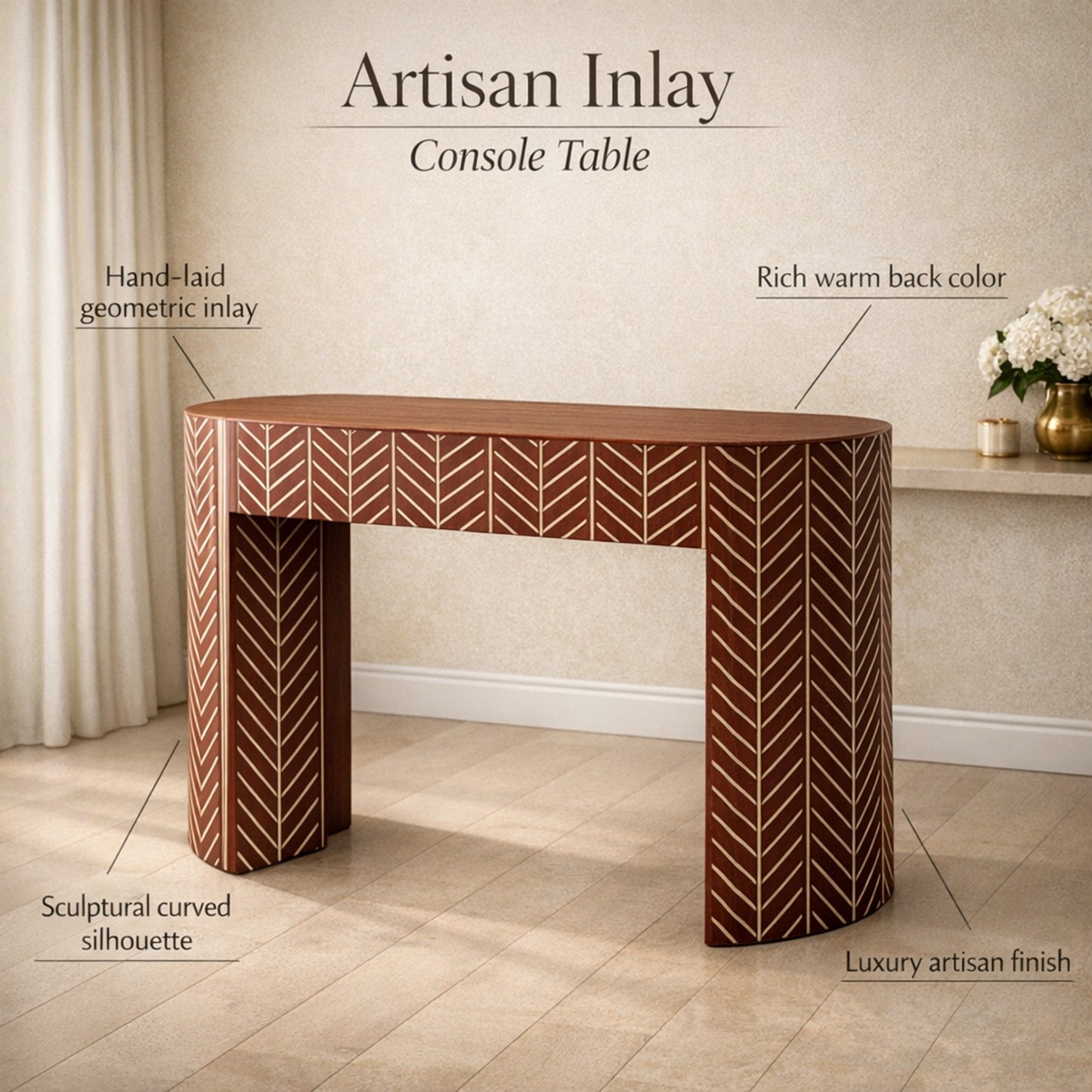 Handcrafted Pink Inlay Console Table with Drawer | Luxury Handmade Console