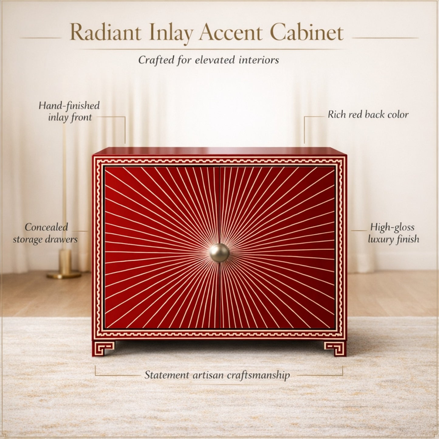 Red and White Sunburst PatternStorage Cabinet | Luxury Handmade Cabinet
