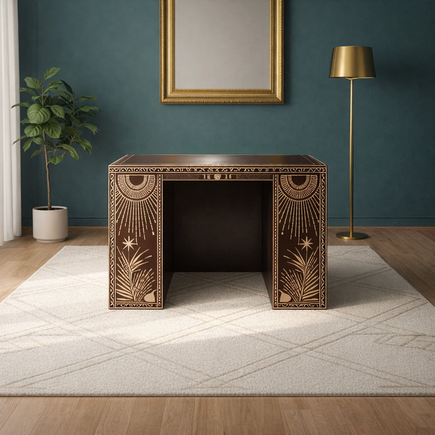 Brown Floral and Sunburst Pattern Desk | Intricate Detailing for Modern Spaces | Luxury Handmade Desk