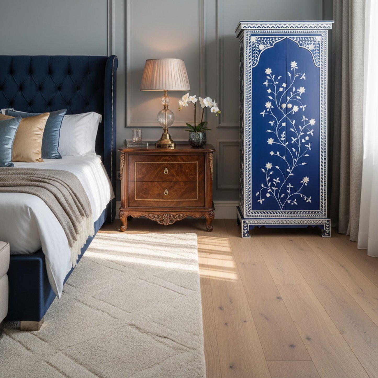 Blue Inlaid Double Door Wardrobe with Floral Detailing | Luxury Handmade Wardrobe