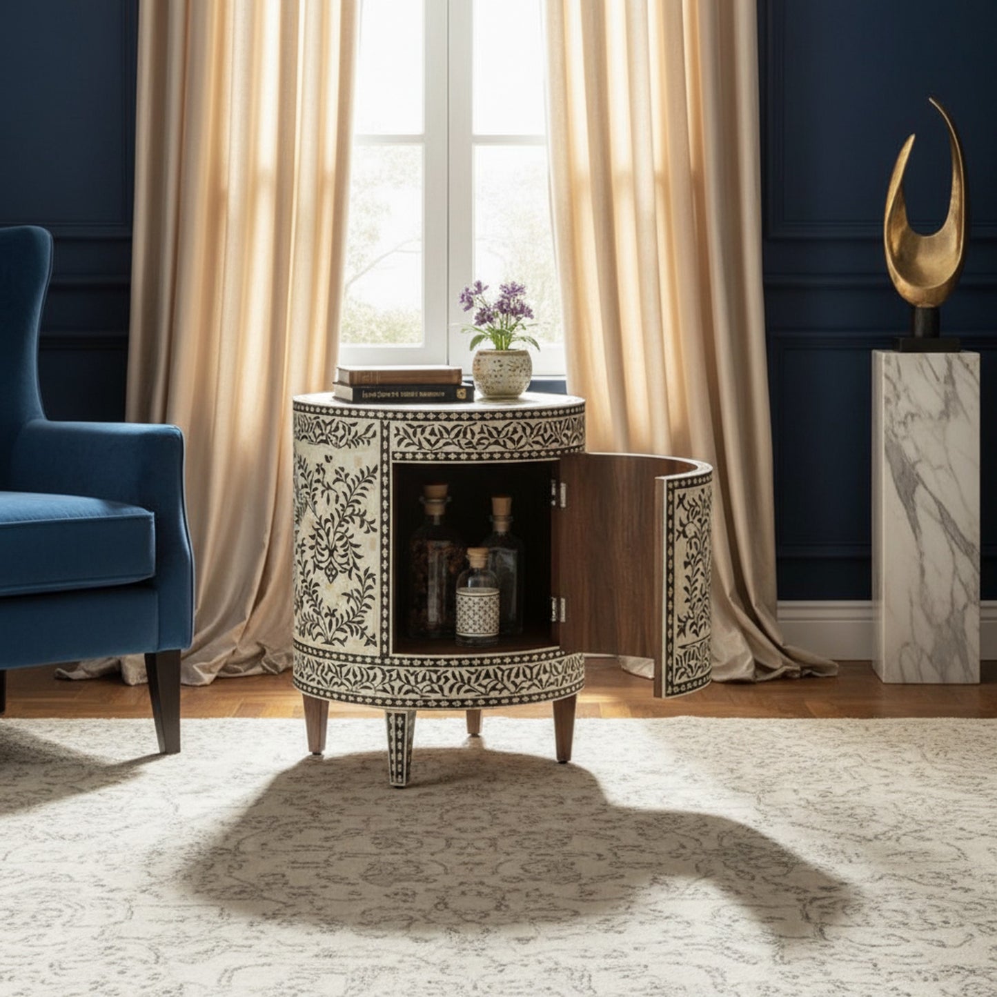 Elegant Vintage Floral Wooden Nightstand | Luxury Handmade Bedside Table