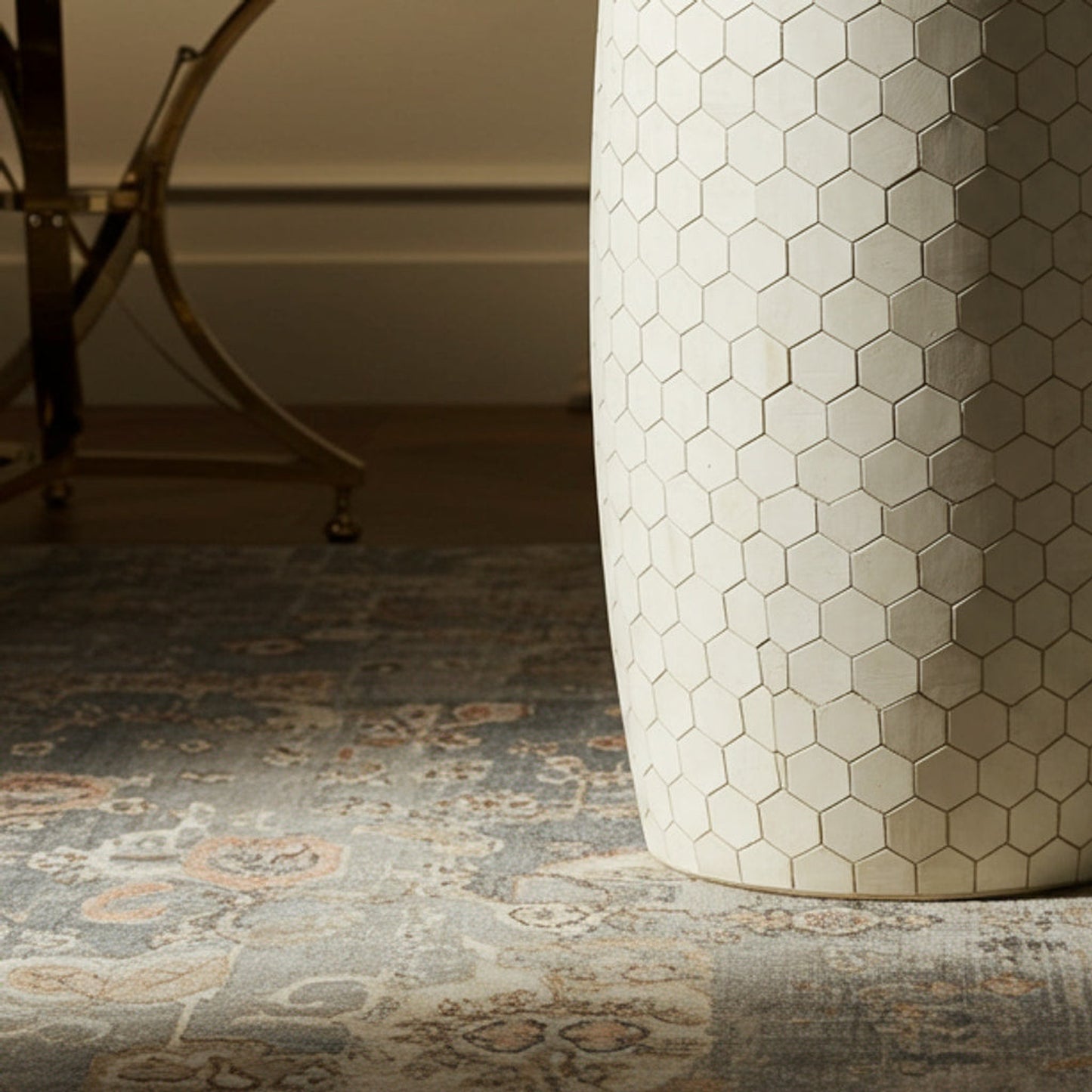White Hexagonal Patterned inlay Side Table