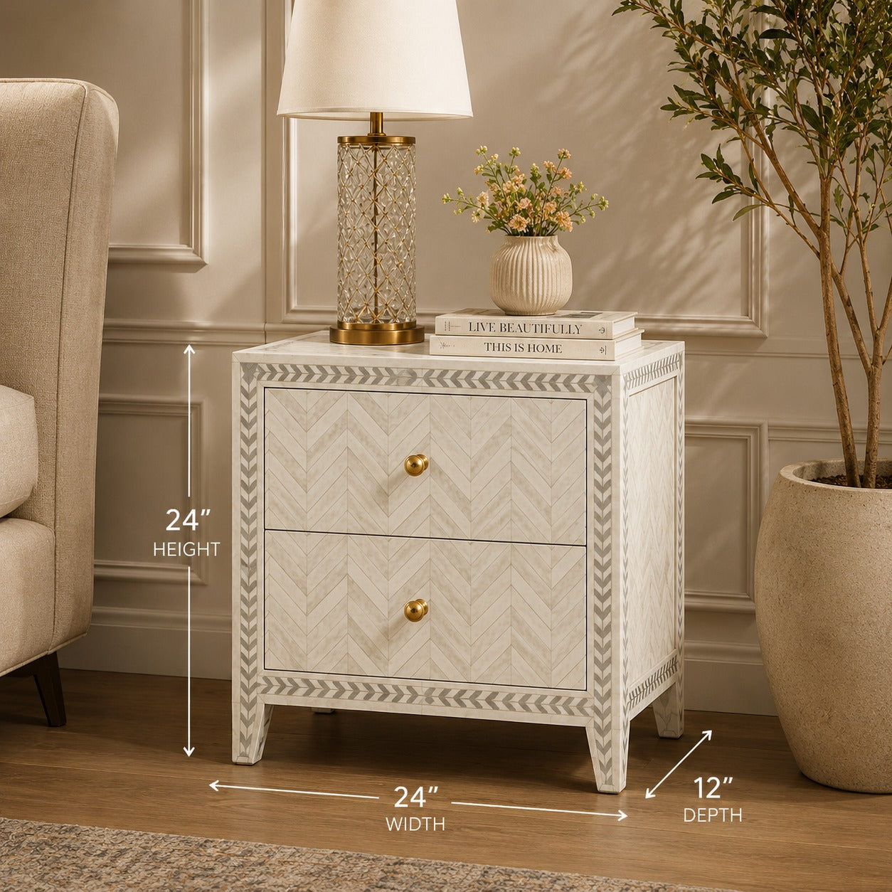 White Bone Inlay Nightstand with Herringbone Pattern | Handmade 2 Drawer Bedside Table | Modern Accent Cabinet | Luxury Bedroom Furniture