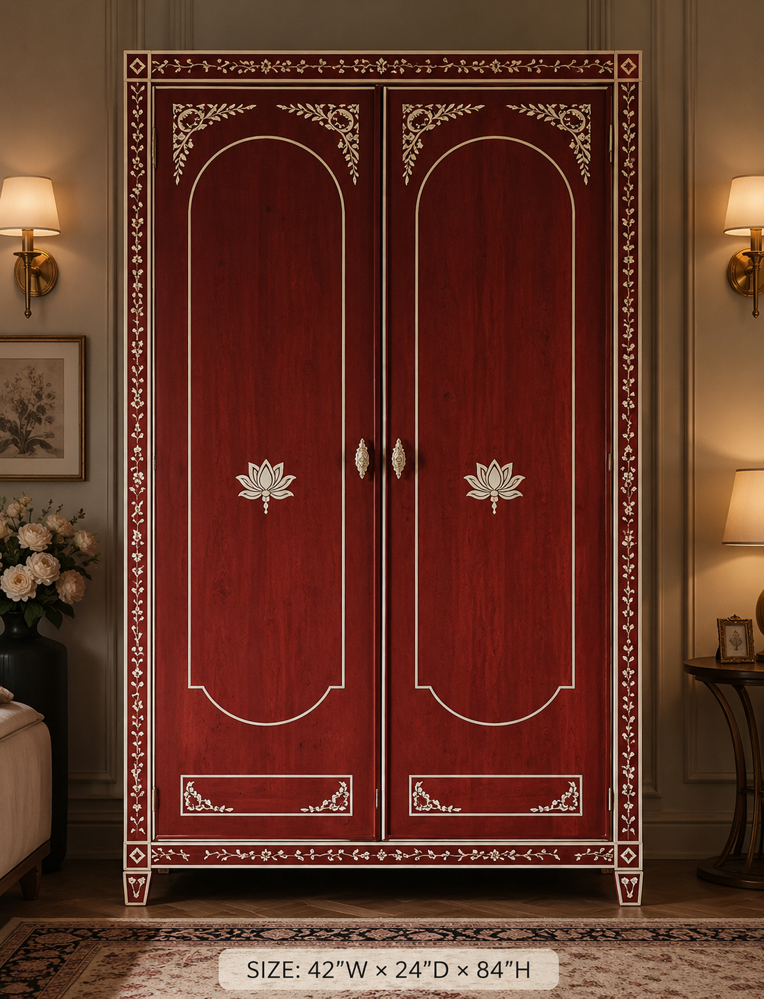 Rust Bone Inlay 2 Door Wardrobe – Handmade Luxury Wooden Armoire Storage Cabinet (42"W x 24"D x 84"H) | Handmade in India