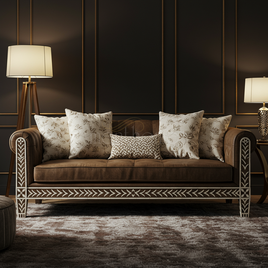 Luxury Inlay Brown Velvet Sofa with Floral Cushions | Luxury Handmade Sofa