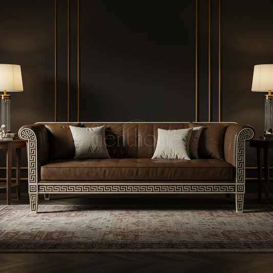 Luxury Inlay Brown Leather Sofa with Greek Key Detailing | Luxury Handmade Sofa