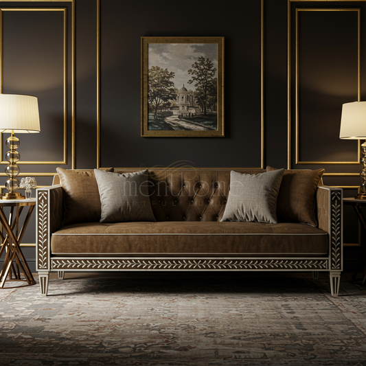 Luxury Inlay Brown Velvet Sofa with Floral Wood Detailing | Luxury Handmade Sofa