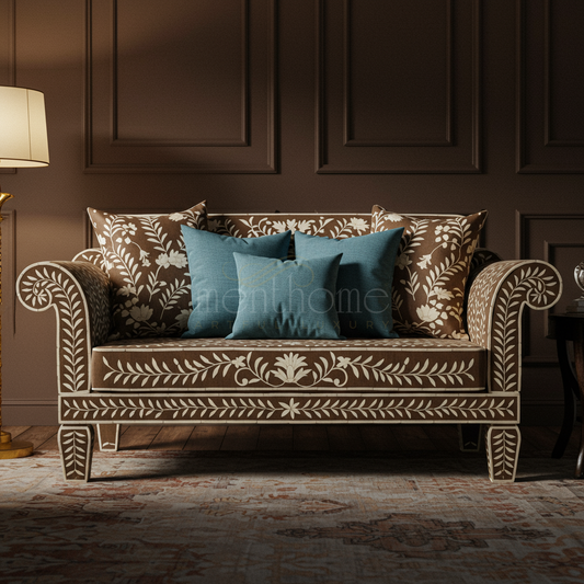 Luxury Inlay Floral Pattern Sofa with Accent Cushions | Luxury Handmade Sofa