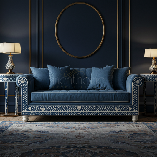 Luxury Inlay Blue Sofa with Floral Design | Luxury Handmade Sofa