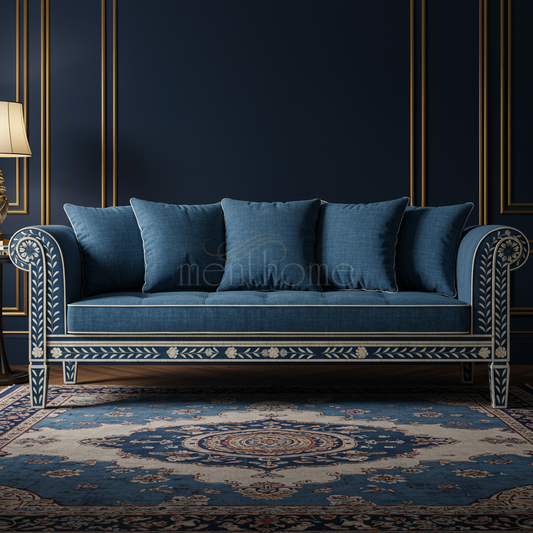 Luxury Inlay Blue Fabric Sofa with Floral Detailing | Luxury Handmade Sofa
