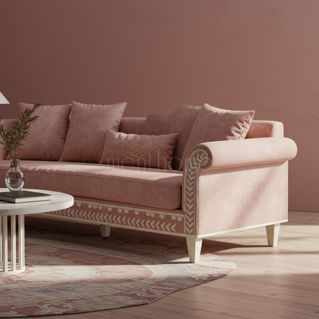 Elegant Inlay Patterned Blush Pink Sofa
