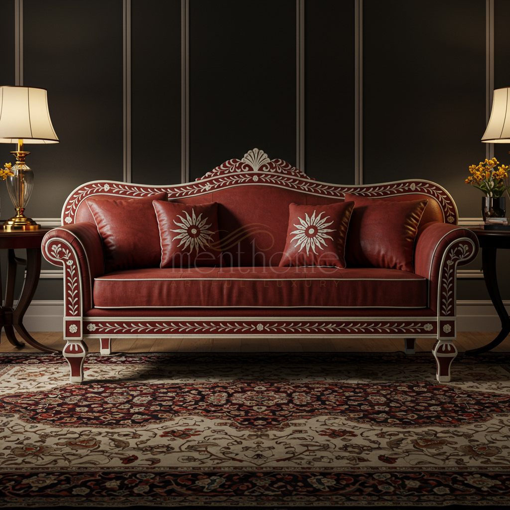 Luxury Red Leather Inlay Sofa with Intricate White Floral Detailing | Luxury Handmade Sofa