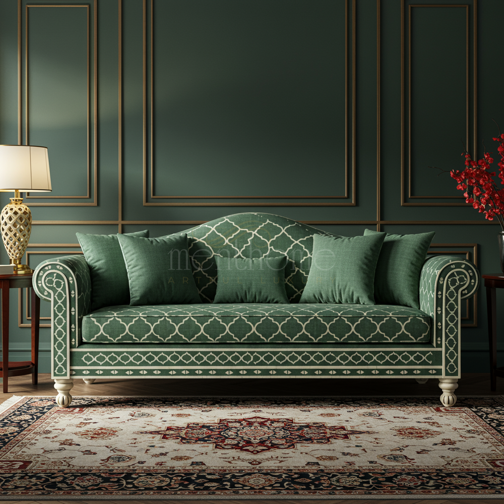 Elegant Green Inlay Sofa with Classic Motifs | Luxury Handmade Sofa