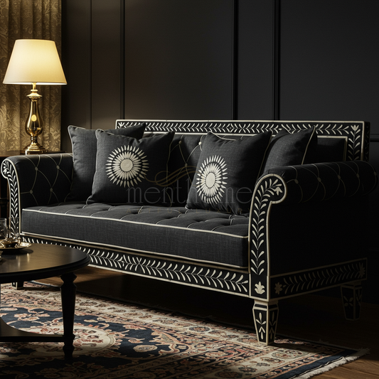 Luxury Inlay Black Sofa with Intricate Floral Design | Luxury Handmade Sofa