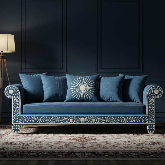 Luxury Inlay Blue Fabric Sofa with Floral Detailing | Luxury Handmade Sofa