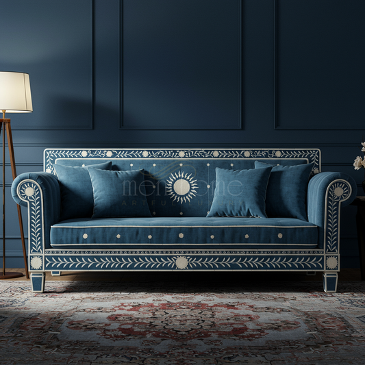 Luxury Inlay Blue Velvet Sofa | Luxury Handmade Sofa