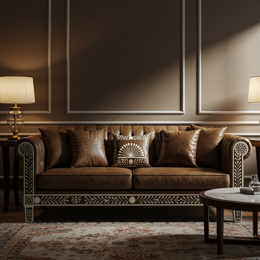 Luxury Inlay Brown Leather Sofa | Luxury Handmade Sofa