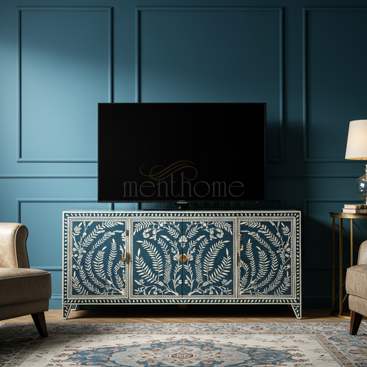 Luxury Handcrafted Inlay TV Cabinet with Botanical Motif | Luxury Handmade TV Cabinet