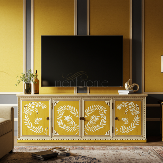 Luxury Handcrafted Inlay TV Cabinet with Floral Motif | Luxury Handmade TV Cabinet