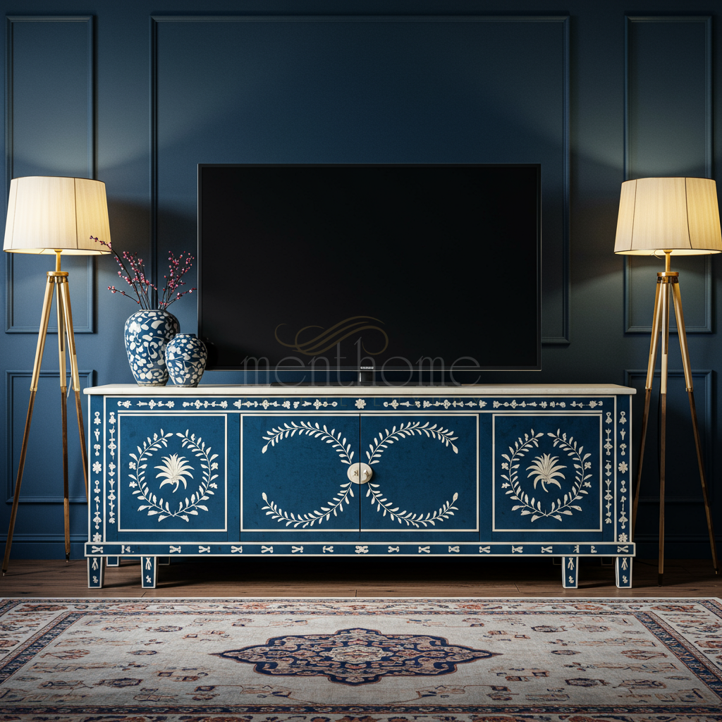 Elegant Blue Inlay TV Cabinet with Floral Motif | Luxury Handmade TV Cabinet
