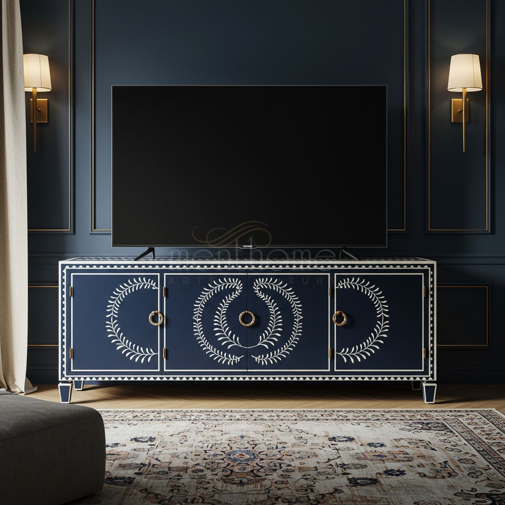 Inlay Hand-Painted Blue TV Cabinet with Decorative Leaf Motif | Luxury Handmade TV Cabinet