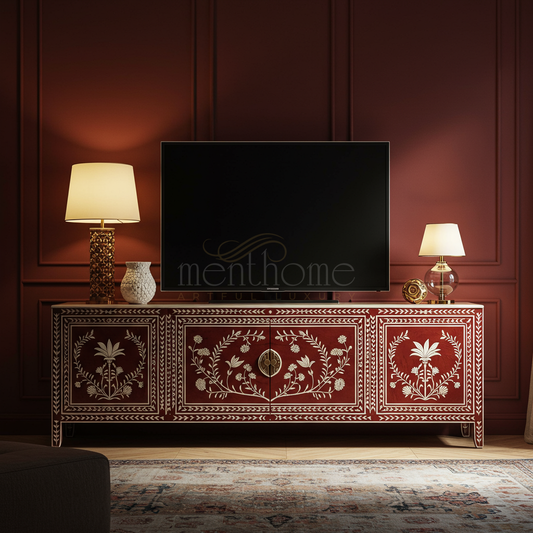 Luxury Inlay Floral Motif TV Cabinet | Luxury Handmade TV Cabinet