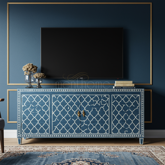 Luxury Inlay Blue Geometric TV Cabinet | Luxury Handmade TV Cabinet