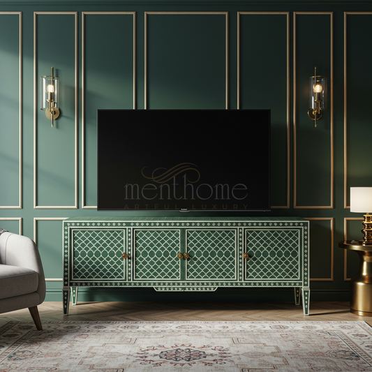 Luxury Inlay Pattern Green TV Cabinet | Luxury Handmade TV Cabinet