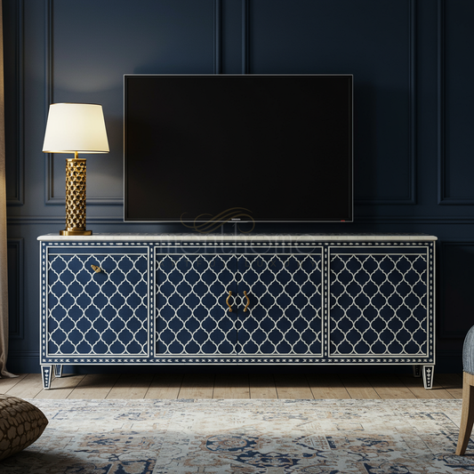 Luxury Inlay Pattern Blue TV Cabinet | Luxury Handmade TV Cabinet