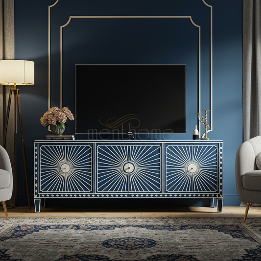 Luxury Inlay Pattern TV Cabinet in Navy Blue and White | Luxury Handmade TV Cabinet