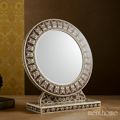 Decorative Round Table Mirror with Intricate Floral Inlay | Luxury Handmade Mirror