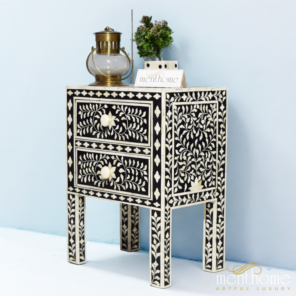 Black Bone Inlay 2 drawers Floral Pattern Nightstand | Luxury Handmade Bedside Table