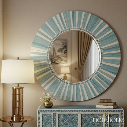 Elegant Round Wall Mirror with Blue and White Sunburst Frame | Luxury Handmade Mirror