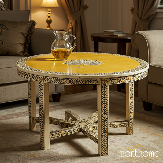 Handcrafted Floral Inlay Round Wood Coffee Table | Luxury Handmade Coffee Table