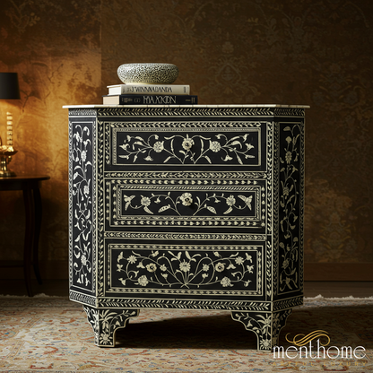Handcrafted Black and White Floral Inlay Chest of Drawers | Luxury Handmade Chest of Drawer