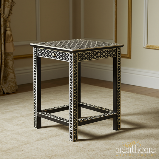 Handcrafted Black and White Inlay Side Table | Luxury Handmade Side Table