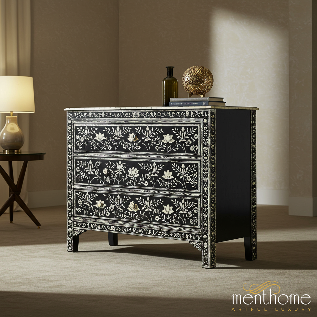 Handcrafted Black and White Floral Inlay Chest of Drawers | Luxury Handmade Chest of Drawer