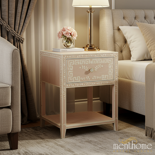 Elegant Hand-Painted Wooden Nightstand | Luxury Handmade Bedside Table