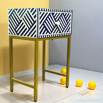 Optical Design Resin Navy Blue Bedside Table with Brass Stand | Luxury Handmade Bedside Table
