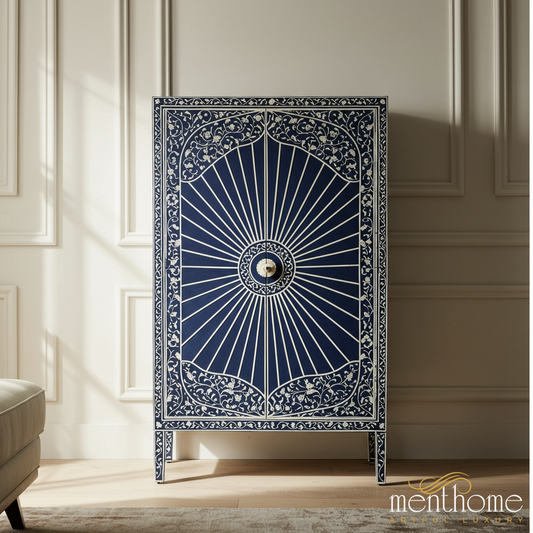 Navy Blue Bone Inlay Cabinet with Floral Design | Luxury Handmade Cabinet