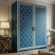 Blue Patterned Wooden Wardrobe with Intricate White Detailing | Luxury Handmade Wardrobe
