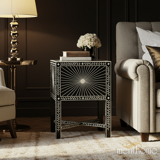 Black and White Inlaid Side Table | Luxury Handmade Bedside Table