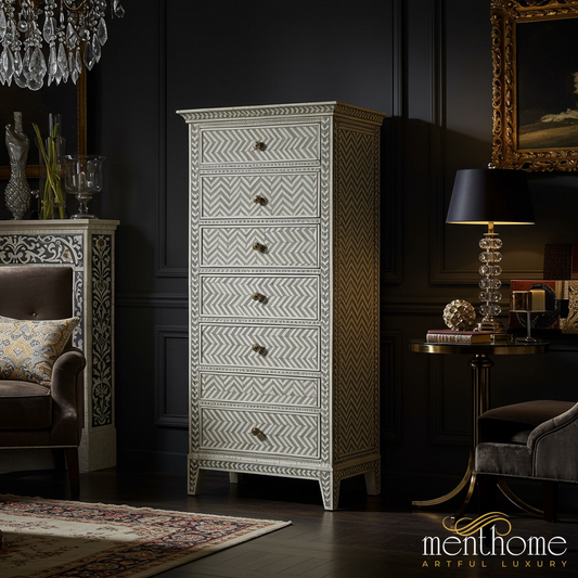 Bone Inlay Chevron Pattern Chest of Drawers | Luxury Handmade Tallboy