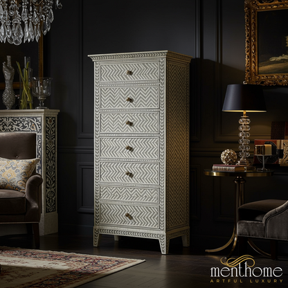 Bone Inlay Chevron Pattern Chest of Drawers | Luxury Handmade Tallboy