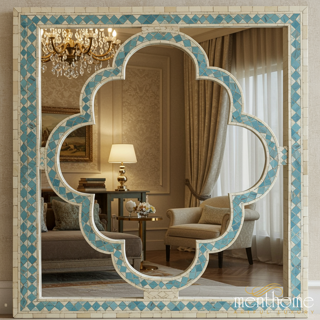 Decorative Moroccan Style Wall Mirror with Blue and White Mosaic Frame | Luxury Handmade Mirror